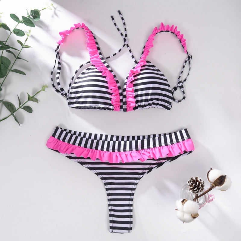 Sexy 3-Piece Bikinis Suit Halter Swimwear Women Beachwear Wave Point Swimsuit Female Holiday Beach Skirt Black Bikini Set