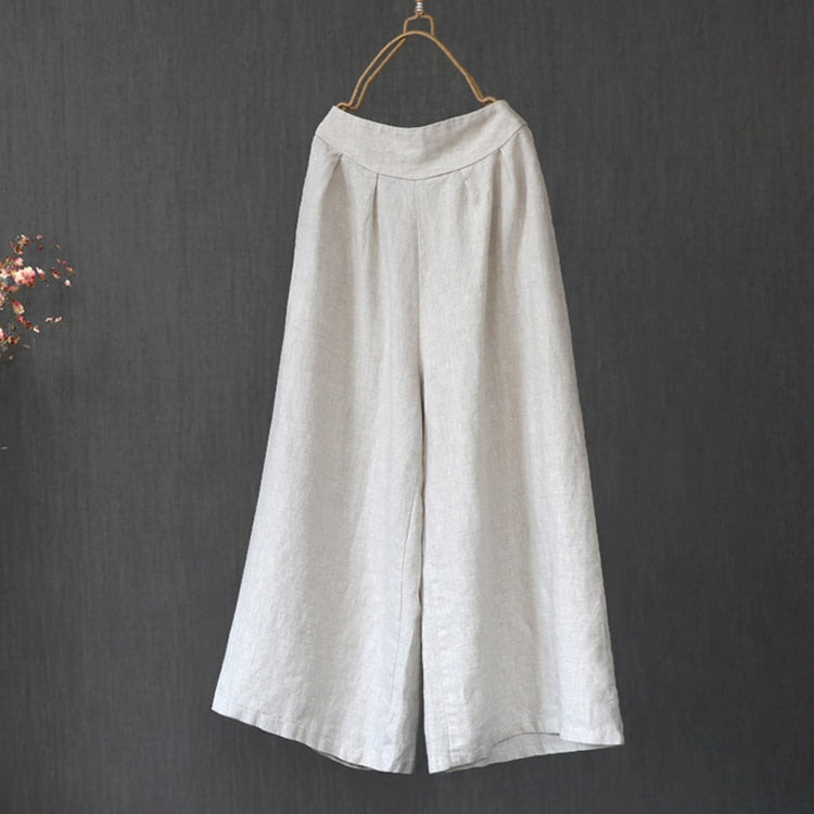 Cotton Linen Nine Capris Pants Women Elastic Waist Wide Leg Pants Casual Vintage Linen Straight Wide Leg Trousers