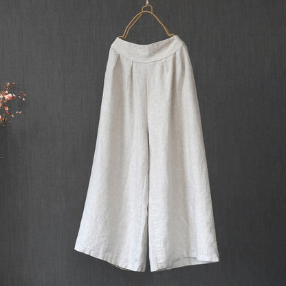 Cotton Linen Nine Capris Pants Women Elastic Waist Wide Leg Pants Casual Vintage Linen Straight Wide Leg Trousers