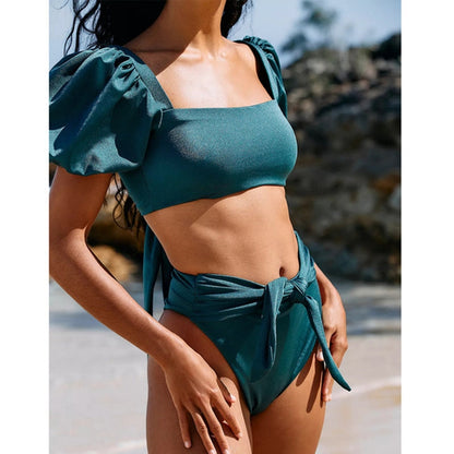 lovwvol Sexy Bikini Solid Color Tankini Sport Bandeau Swimsuit Short Sleeve Summer High Waist Cut Backless Bathing Suit Beachwear