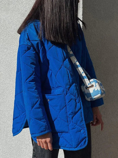 Winter Blue Oversize Puffer Jackets for Women Casual Fashion Warm Cotton Button Down Quilted Coat and Jacket Loose