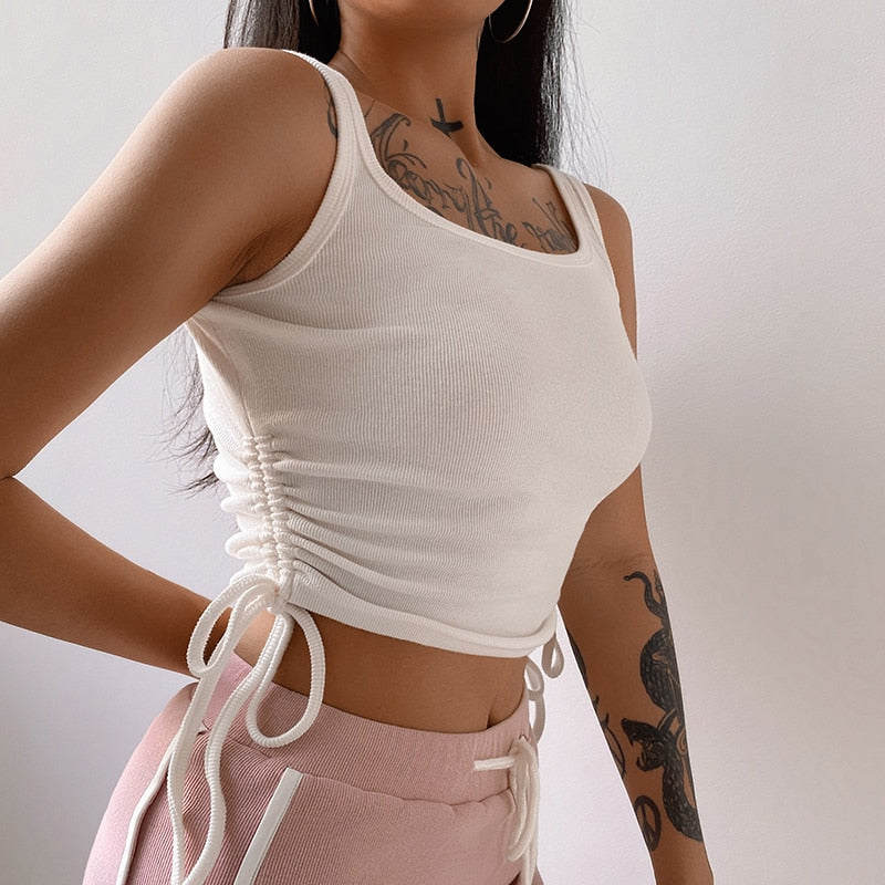 Casual Solid O-Neck Long Sleeve Crop Top Women Side Drawstring Ruched White T-Shirt Female Tee Shirt Top For Women Clothing