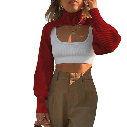 lovwvol Female Sweater Solid High Collar Long Puff Sleeve Knitwear Pullover for Women Apring Autumn Y2K Aesthetic Crop Top Halter Top