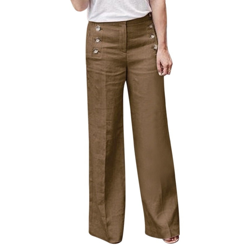 3XL Summer New Hot Cotton Linen Women Wide Legs Pants Solid Casual High Waist Button Trousers Female Loose Pants