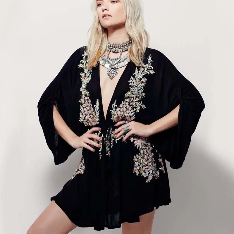 lovwvol new Floral Embroidery boho dress 2020 summer vintage sexy  beach dresses deep V-neck long Sleeve mini party women dress vestidos