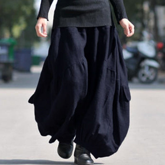 Women High Elastic Waist Lantern Pantalon Loose Baggy Pockets Cargo Pants Solid Cotton Linen Long Wide Leg Trousers