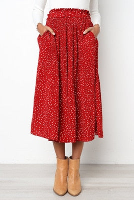 White Dots Floral Print Pleated Midi Skirt Women Elastic High Waist Side Pockets Skirts Summer Elegant Female Bottom