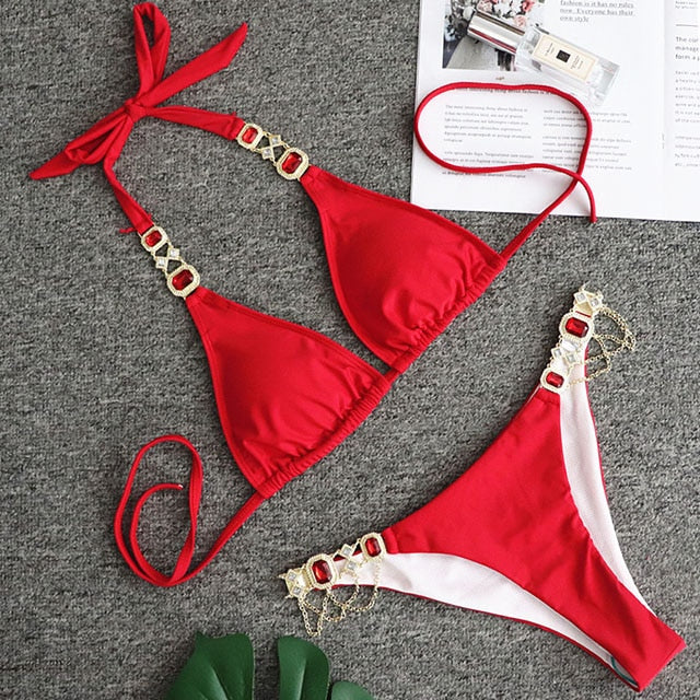 Rhinestone Swimsuit Women Bikinis Crystal Diamond Bikini Set Metal Chain Swimwear female Luxury Aristocratic Swimming Suit