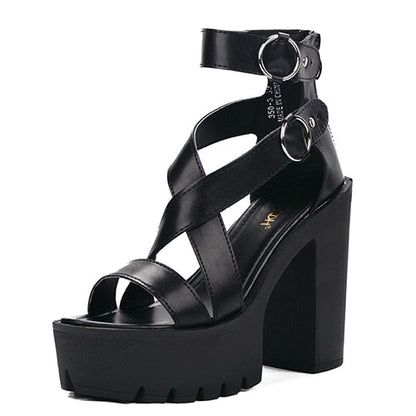 Women's Platform Chunky High Heels Sexy Cross Strap Open Toe Buckle Strap Pumps Back Zipper Party Sandals Goth Style