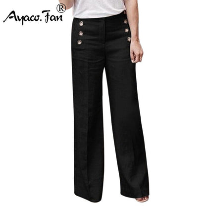 3XL Summer New Hot Cotton Linen Women Wide Legs Pants Solid Casual High Waist Button Trousers Female Loose Pants