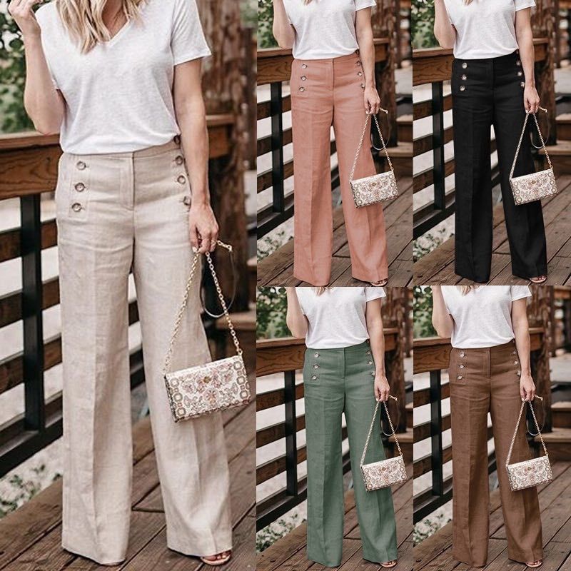 3XL Summer New Hot Cotton Linen Women Wide Legs Pants Solid Casual High Waist Button Trousers Female Loose Pants