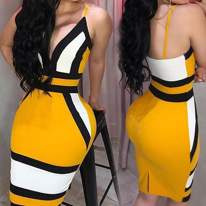 lovwvol Strip Camis Dress Women Sexy Geometric Figure Yellow Strap Bodycon Casual Deep V Neck Boho Resort High Waist Club Party Dress