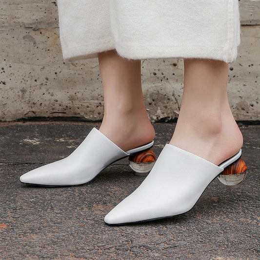 Women Slippers Real Cow Leather Shoes Pointed Toe Mules Strange Heels Sheepskin Summer Pantoufle Brand Designer A1678