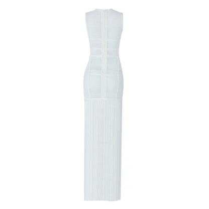 lovwvol High Quality White Sleeveless Tassel Hollow Out Bodycon Rayon Bandage Dress Evening Party Sexy Dress