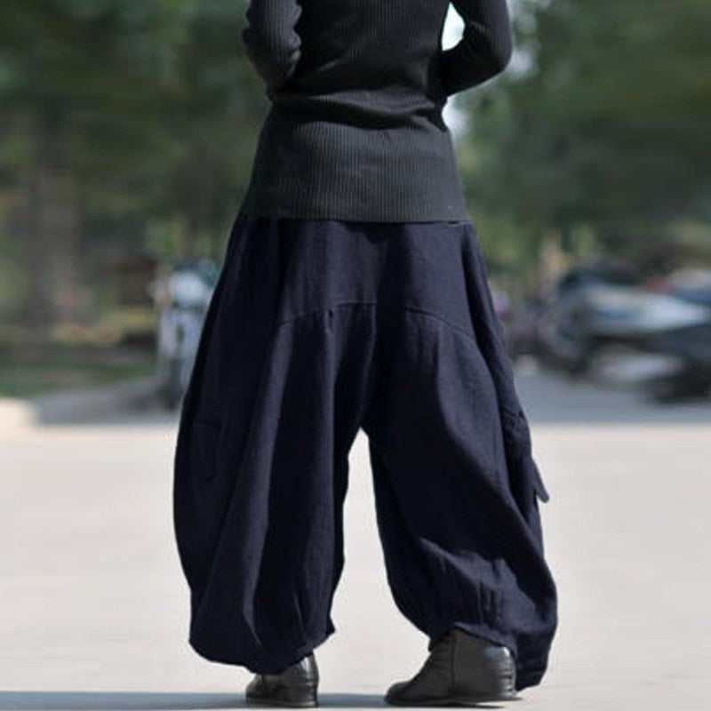 Women High Elastic Waist Lantern Pantalon Loose Baggy Pockets Cargo Pants Solid Cotton Linen Long Wide Leg Trousers