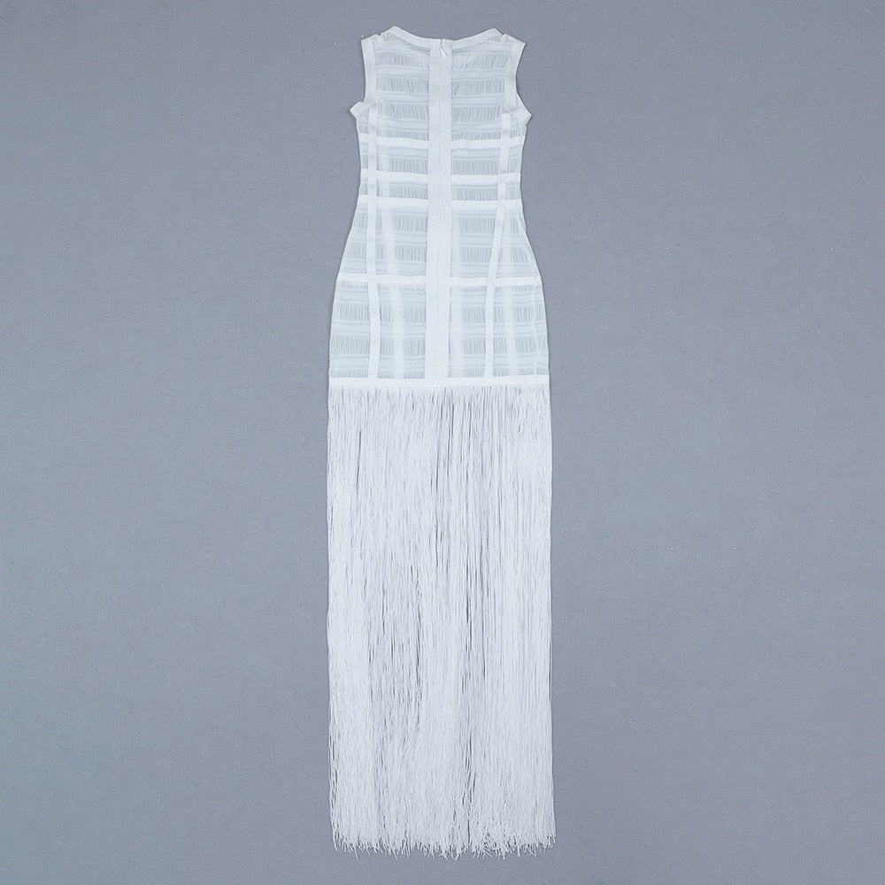 lovwvol High Quality White Sleeveless Tassel Hollow Out Bodycon Rayon Bandage Dress Evening Party Sexy Dress