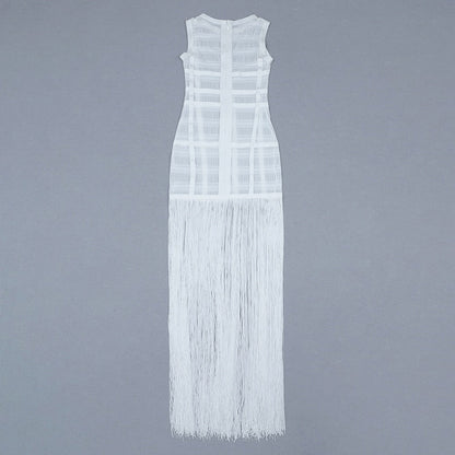 lovwvol High Quality White Sleeveless Tassel Hollow Out Bodycon Rayon Bandage Dress Evening Party Sexy Dress