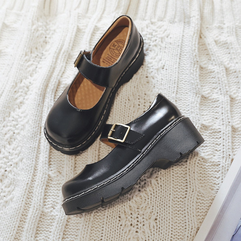 Back To College  New Arrival Japanese Style Vintage Buckle Mary Janes Shoes Women's Shallow Mouth Casual Student Leather Shoes Thick Bottom