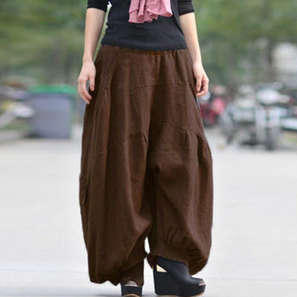 Women High Elastic Waist Lantern Pantalon Loose Baggy Pockets Cargo Pants Solid Cotton Linen Long Wide Leg Trousers