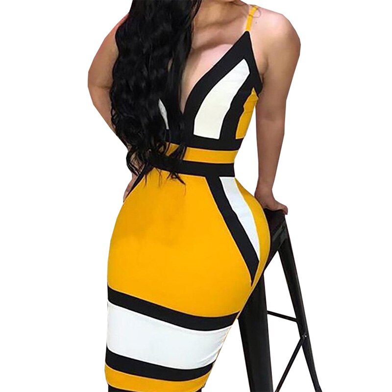 lovwvol Strip Camis Dress Women Sexy Geometric Figure Yellow Strap Bodycon Casual Deep V Neck Boho Resort High Waist Club Party Dress