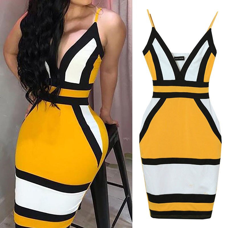 lovwvol Strip Camis Dress Women Sexy Geometric Figure Yellow Strap Bodycon Casual Deep V Neck Boho Resort High Waist Club Party Dress