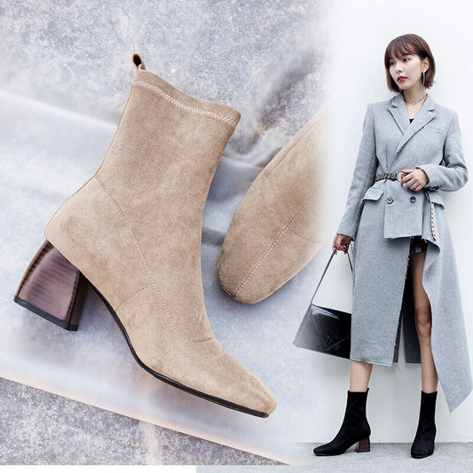 Women Boots British style flock velvet stretch boots casual fashion internal leather European and American all match