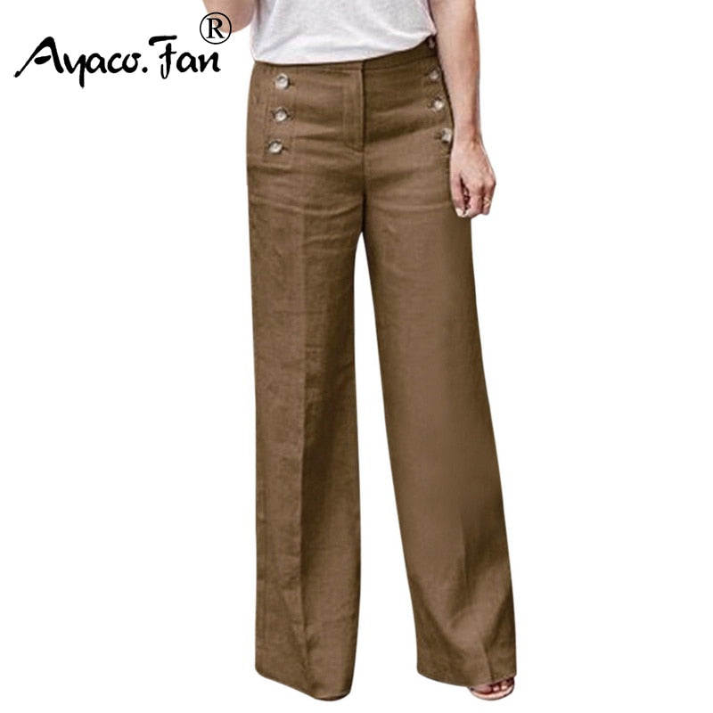 3XL Summer New Hot Cotton Linen Women Wide Legs Pants Solid Casual High Waist Button Trousers Female Loose Pants