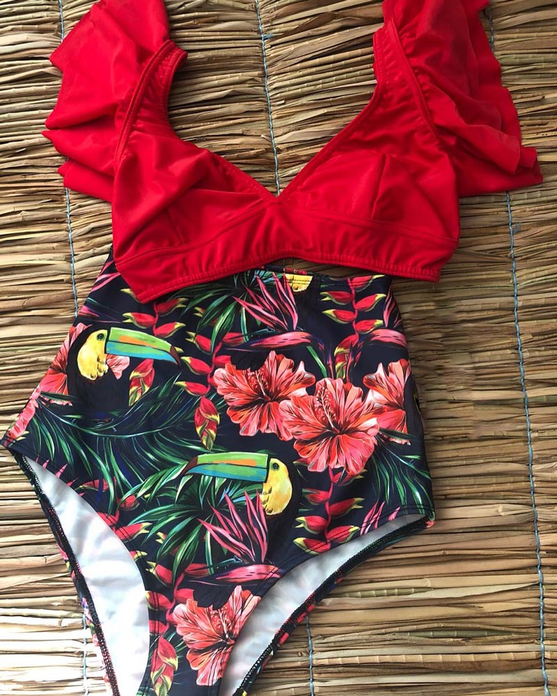 New Bikini Floral Ruffled Bikini Set Women V-neck High Waist Two Piece Swimsuit Girl Beach Bathing Suit Swimwear Biquinis