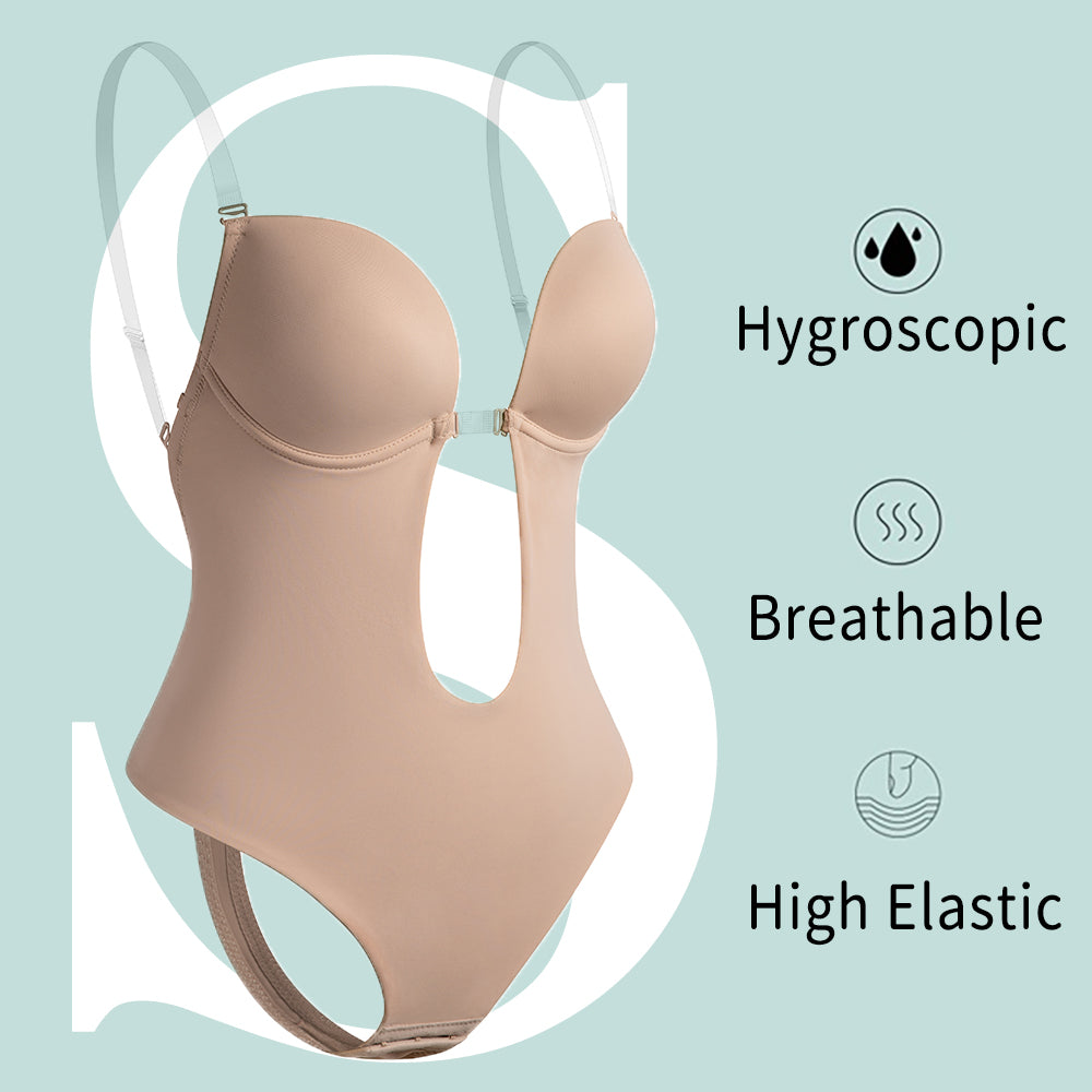 Bodysuit Shapewear Deep V-Neck Body Shaper Backless U Plunge Thong Shapers Waist Trainer Women Clear Strap Padded Push Up Corset