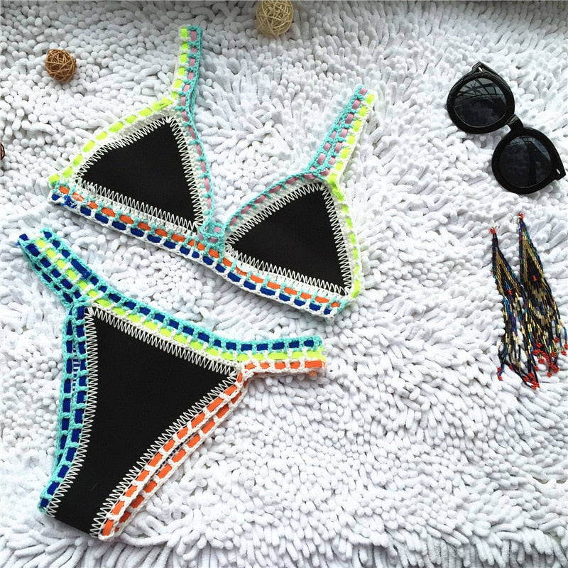 Micro Bikini Women Handmade Crochet Knit Swimwear Halter Patchwork Bathing Suit Swimsuit Biquini Thong Bikini traje de bano