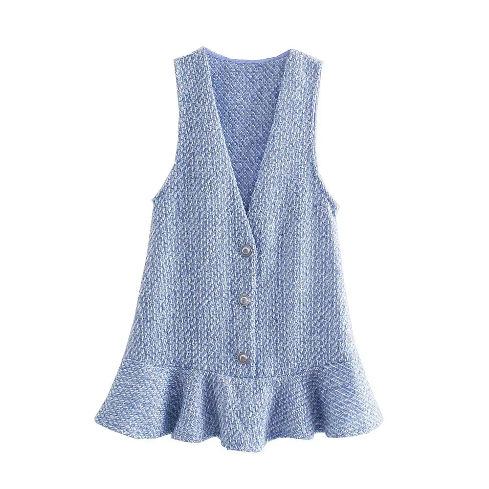 lovwvol Women Tweed Blue Plaid Vintage Casual Sweet Dress Female Fashion Office Lady Slim V Neck Sleeveless Mini Dresses