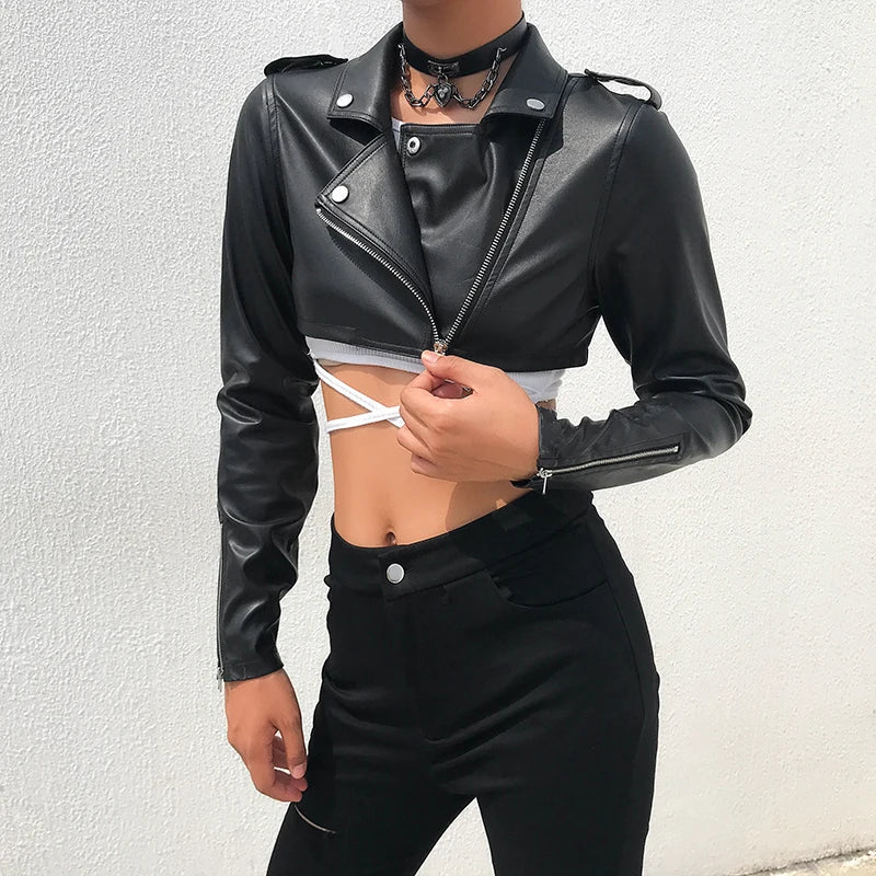 lovwvol Street Motorcycle Faux Leather Jacket Women Zipper Cropped Jacket Coat Outerwear Autumn Basic Jackets Ladies Cardigan