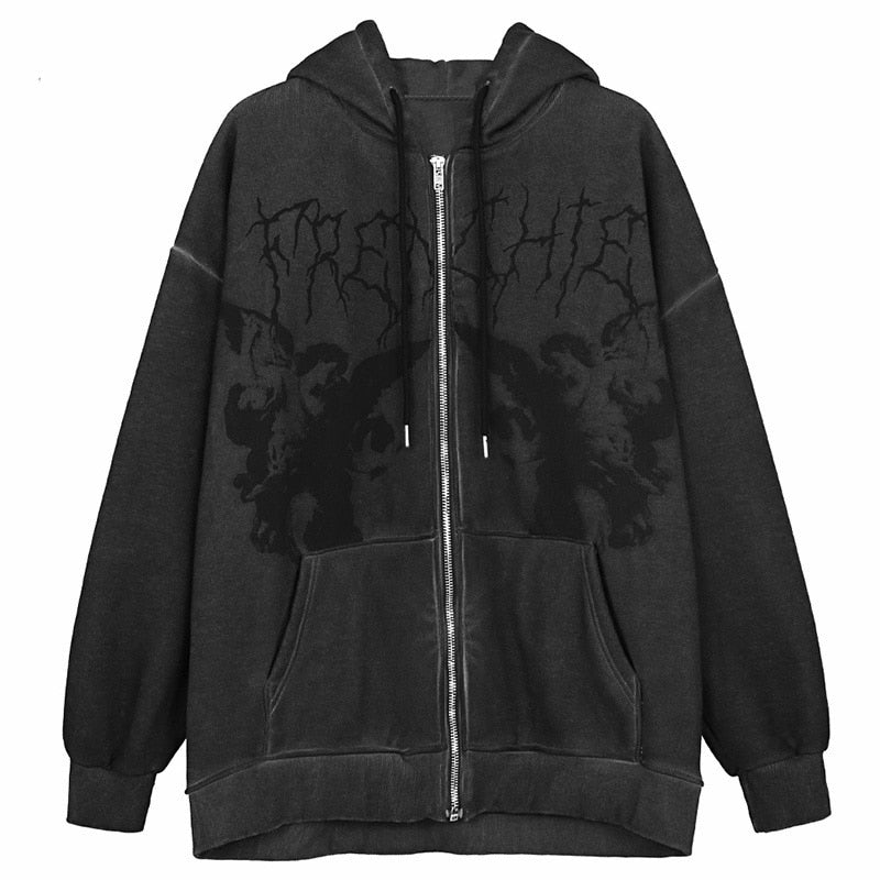 Women Hip Hop Streetwear Hooded Jacket Angel Dark Print Jacket Coat Harajuku Cotton Autumn Punk Winter Jacket Outwear Zipp