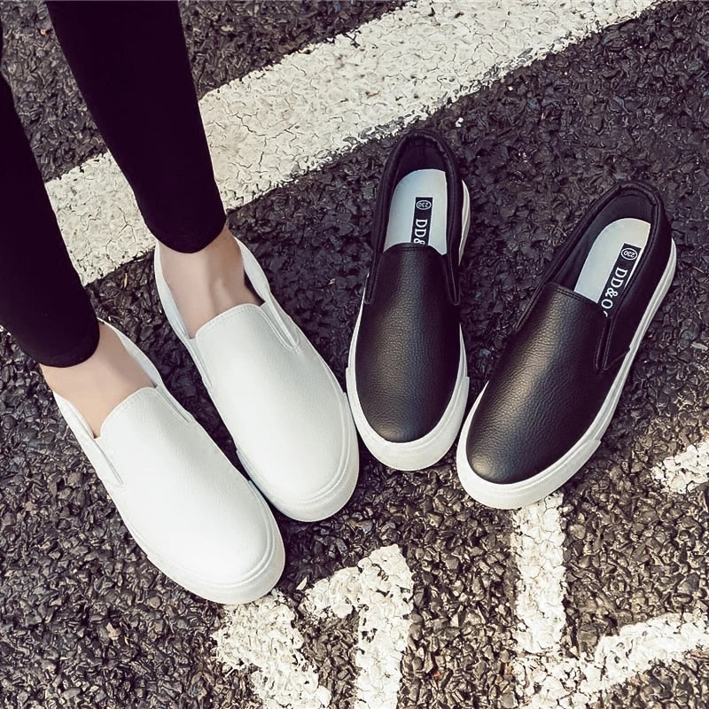 lovwvol Women Sneakers Leather Shoes Spring Trend Casual Flats Sneakers Female New Fashion Comfort Slip-on Platform Vulcanized Shoes