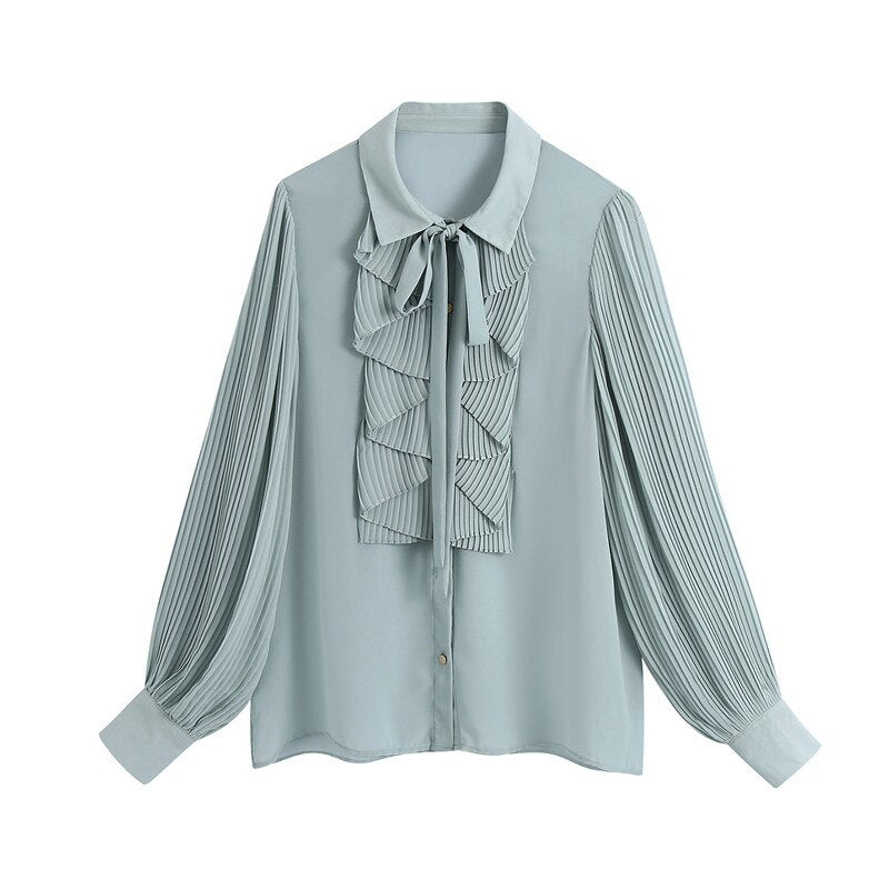 lovwvol lovwvol Snican pleated sleeve cascading ruffle bow tie office ladies blouse chic fashion female tops women camisas femininas Chiffon New