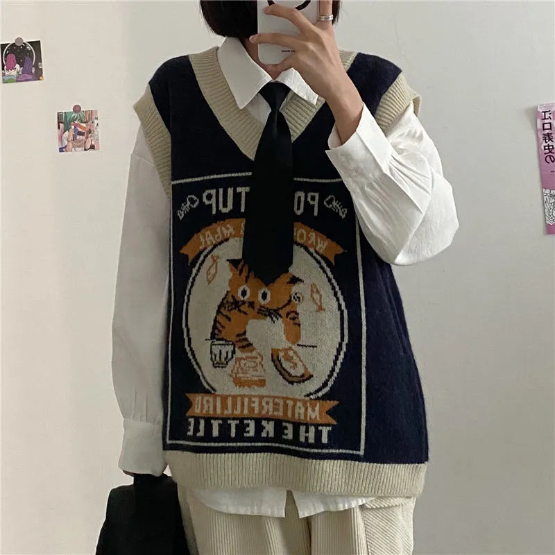 Sweater Vest Women Kawaii Cat Waistcoat Streetwear Knitting Chic Fashion College All-match Harajuku Y2k Vests Chandails