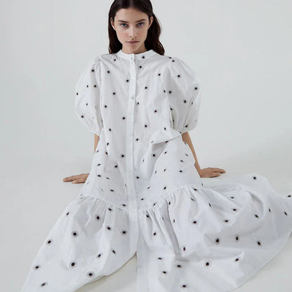 lovwvol puff sleeve midi women dresses vintage polka dot dress white cotton floral embroidery summer dress casual party vestidos