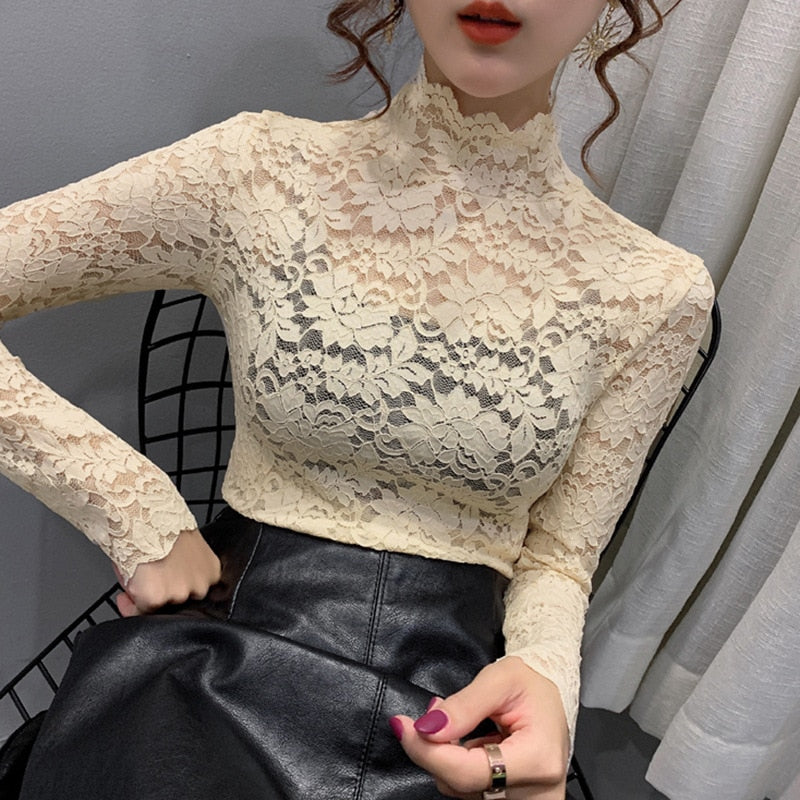 Autumn Women Thin Black Lace T shirt Sexy Turtleneck Long Sleeve Slim Lace Crochet Patchwork Tee Tops WDC6074