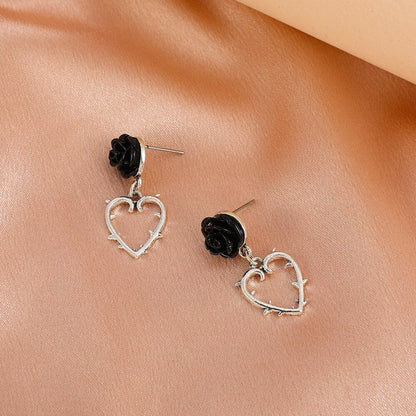 New Vintage Silver Black Rose Earrings Ring Necklace Retro Ear Pendant Popular Engagement for Women Earring Accessories