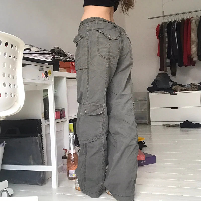 lovwvol Vintage Pockets Jeans Loose Mid-Waisted Cargo Pants Casual Wide Leg Pants Cool Women'S Trousers Fashion Streetwear