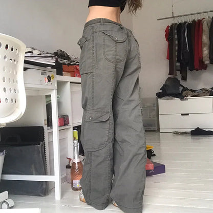 lovwvol Vintage Pockets Jeans Loose Mid-Waisted Cargo Pants Casual Wide Leg Pants Cool Women'S Trousers Fashion Streetwear