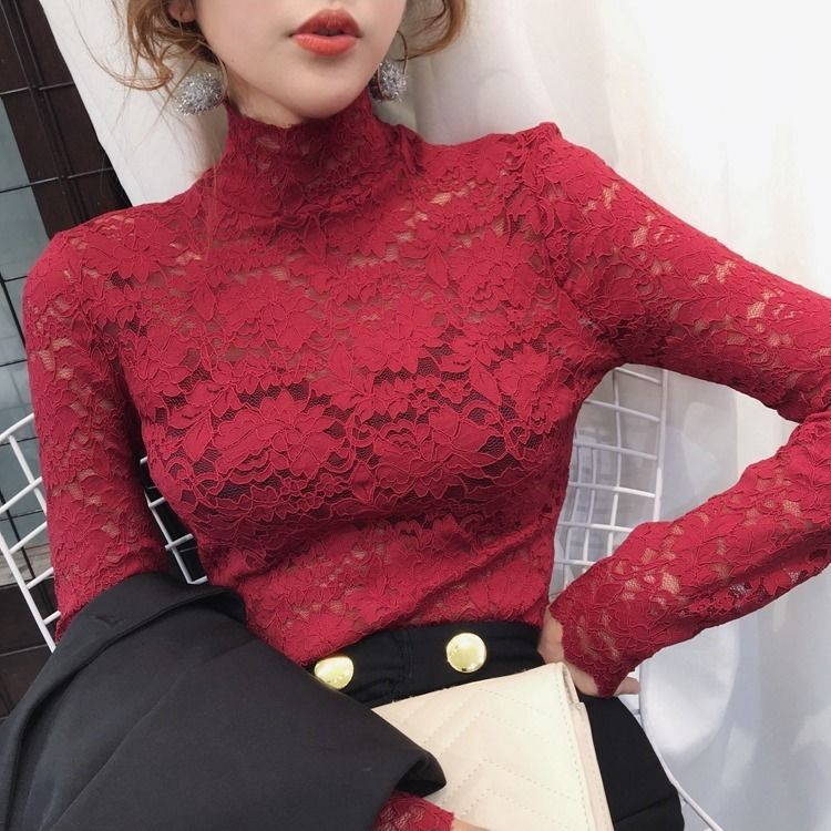 Autumn Women Thin Black Lace T shirt Sexy Turtleneck Long Sleeve Slim Lace Crochet Patchwork Tee Tops WDC6074