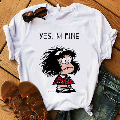 Mafalda T-shirt Women Summer Harajuku Casual Short Sleeve T-shirts Streetwear O-Neck White Tops Tee 90s Cartoon Tshirt Femme Top