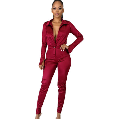 Woman OL satin Suit Solid Color Long Sleeve V Neck lapel Short Jumpsuit+pencil pants Tracksuit S-2XL 15Color