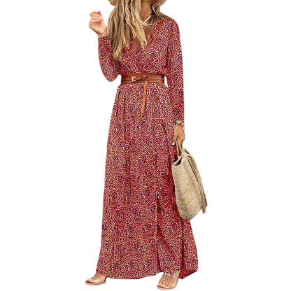 lovwvol Womens Long Dress Summer V-neck Boho Belted Maxi Dress Casual Sexy Party Dress Ladies Bohemian Beach Holiday Sundress