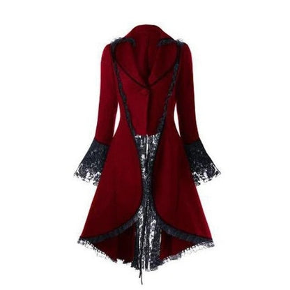 Women Gothic Overcoat Lace-Up Bandage Ribbon Bow lace up Winter Flocking Long Sleeve Halloween Black Vintage Gothic long Coat