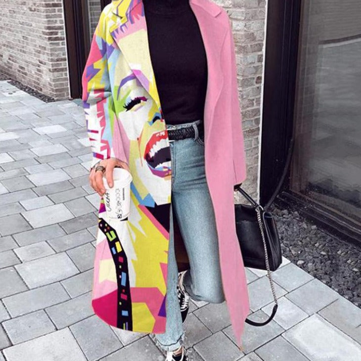 Fall Winter Elegant Women Fashion Lapel Collar Button Long Tops Outwear Casual Pattern Colorful Print Patchwork Cardigan Coats