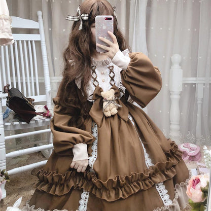 Alice In Wondeland Cute Women Lolita OP Dress Flouncing Lace Trim Japanese Harajuku Long Sleeves Doll Teen Dress Fairy Vestidos