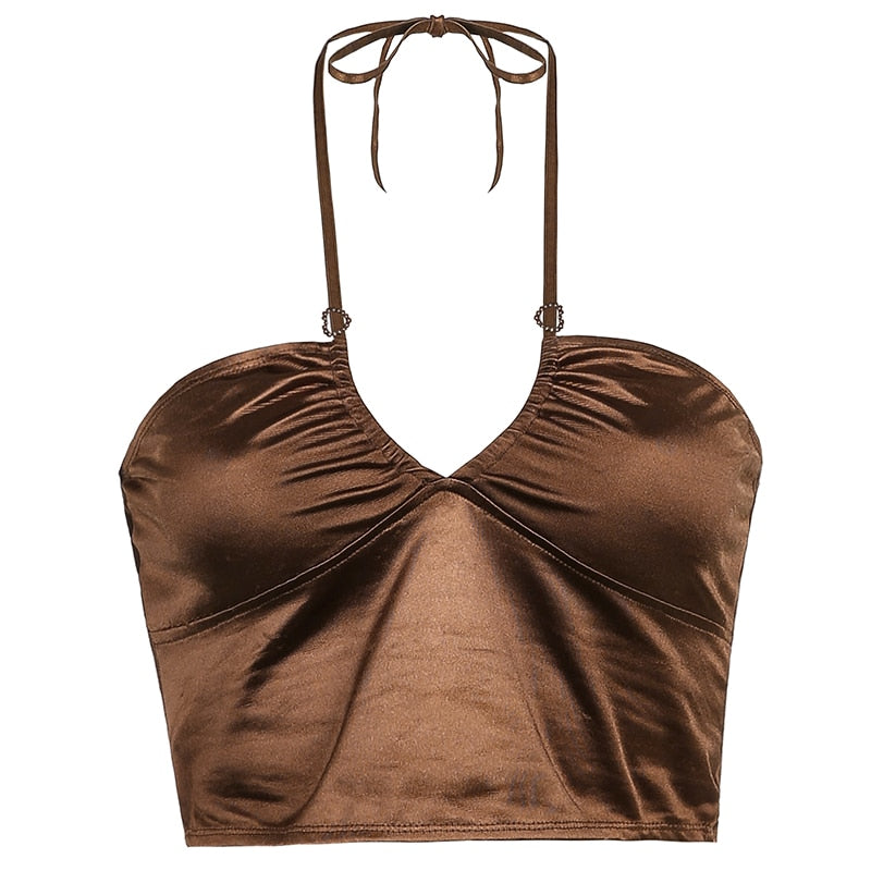 lovwvol HEYounGIRL Sexy Strappy Brown Y2K Halter Crop Top Women Summer Backless Cami Tops Tees Ladies Fashion Fitness Camisole Party