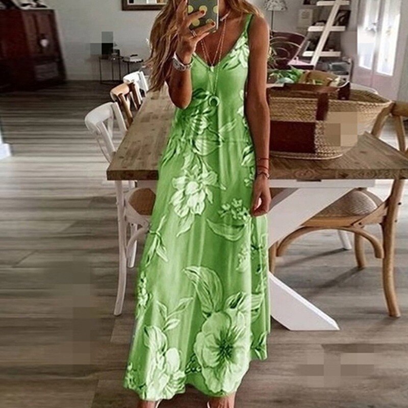 Women Dress Summer Casual Sleeveless Halter Solid Beach Long Dress Round Neck Sling Fashion Beach Clothes Plus Size 5XL